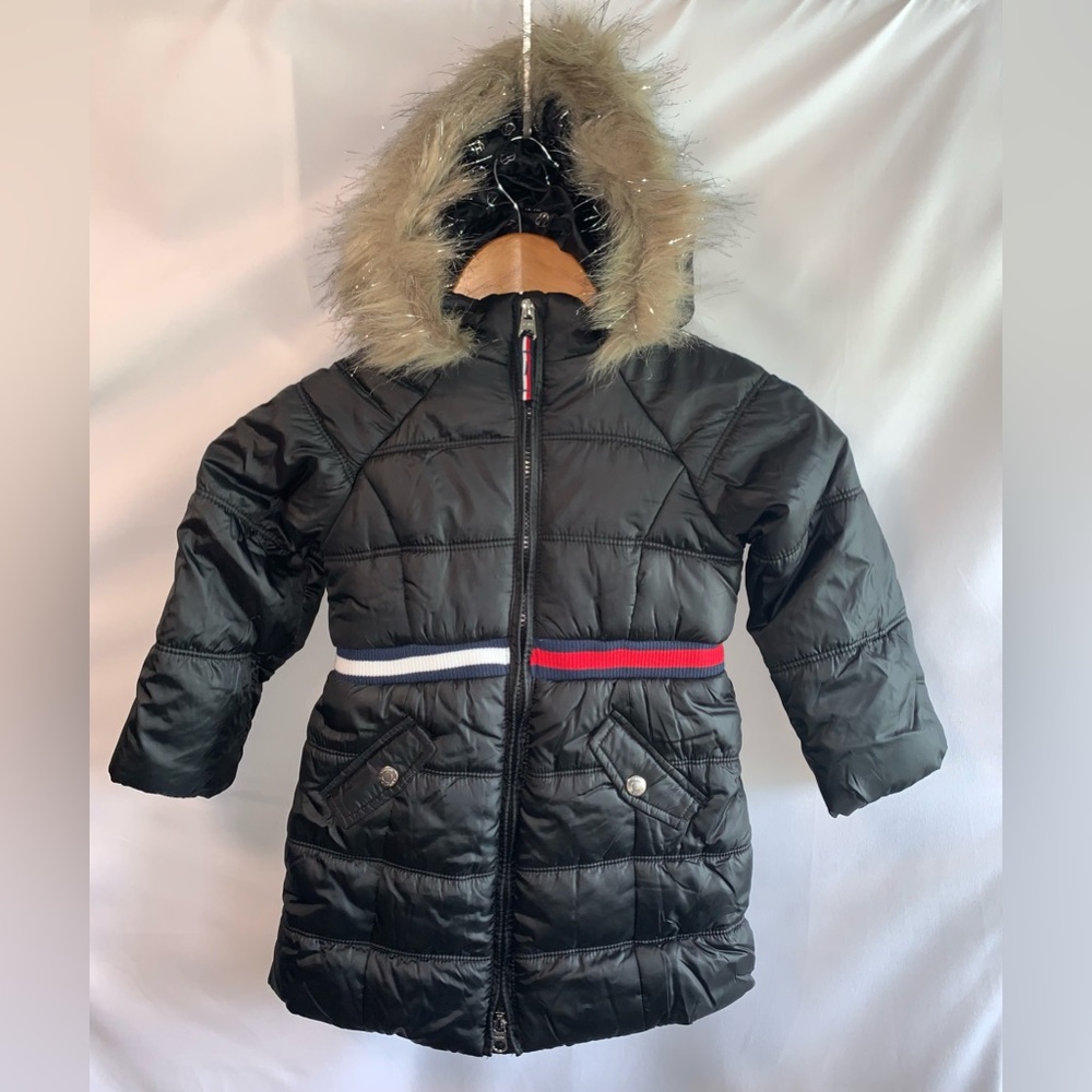 NWT TOMMY HILFIGER Girl's Black Faux Fur Long Puffer Full-Zip Jacket Size 4T
